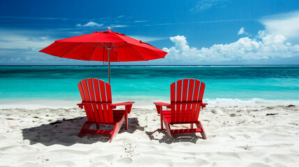 Two inviting red chairs beneath a vibrant umbrella on a tranquil beach with turquoise waters, inviting relaxation under a bright sky