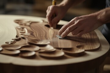 Aufkleber - A craftsman meticulously carving detailed woodwork on a circular wooden surface.