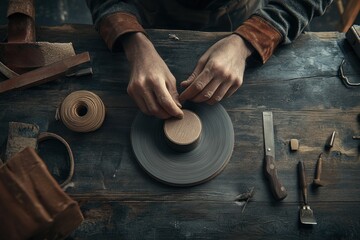 Aufkleber - A potter skillfully shaping clay on a wheel in a workshop.