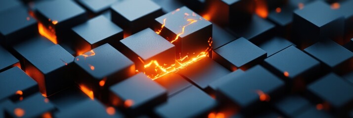 Poster - A close-up of black cubes with glowing lava-like cracks, creating a dynamic visual effect.