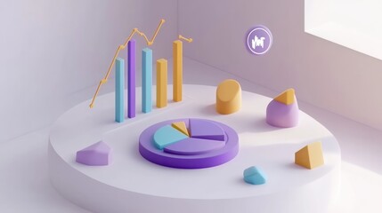 Poster - 3D data visualization featuring charts and geometric shapes on a minimalistic platform.