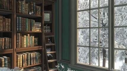 Aufkleber - A cozy library scene with snow-covered trees visible through a window.