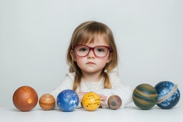 Poster - A child with glasses examines model planets on a table, showcasing curiosity about space.