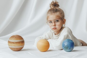 Poster - A thoughtful child examines model planets on a white surface.