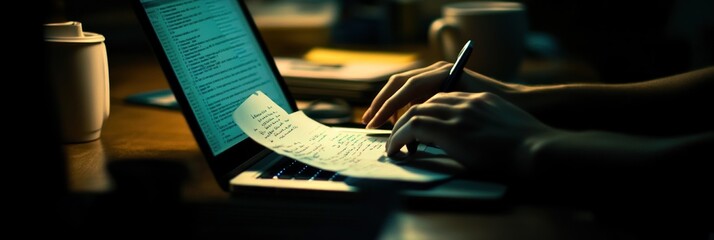 Poster - A person typing on a laptop with notes beside them, in a dimly lit environment.