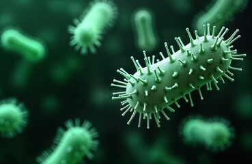 Poster - Microscopic bacteria cells image. Green rod shaped microorganisms. Medical research science. Infectious disease. Cellular biology. Microbial world. Healthcare. Pathogen. Virus. 3D render.