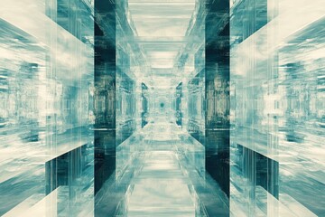 Poster - Abstract geometric structure with reflective surfaces creating depth and perspective.