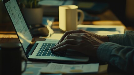 Poster - A person typing on a laptop surrounded by documents and a coffee mug.