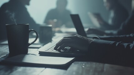 Poster - A dimly lit workspace with people working on laptops, coffee mugs, and papers present.
