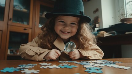 Aufkleber - A smiling child in a detective outfit examines puzzle pieces with a magnifying glass.
