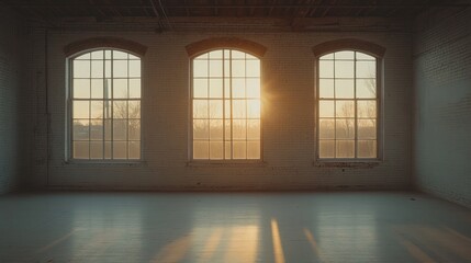 Aufkleber - Sunlight streaming through large windows in an empty industrial space.