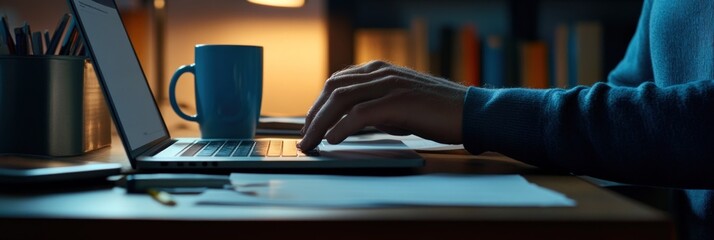 Poster - A person typing on a laptop at a desk, with a coffee cup and papers nearby.