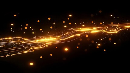 Poster - A captivating abstract image of glowing golden lines and particles on a dark background, representing energy, innovation, and modern technology.