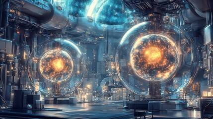 Poster - a futuristic physics lab with digital interfaces for exploring the properties of exotic matter and h