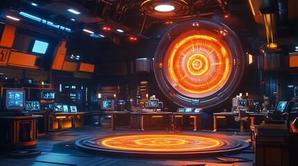 Poster - a futuristic physics lab with real-time digital simulations of gravitational interactions and spacet