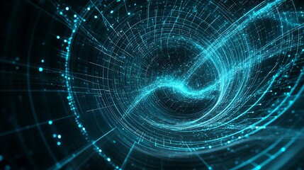 Poster - a futuristic physics lab with real-time digital simulations of gravitational interactions and spacet