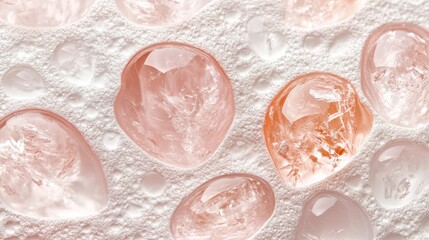 Aufkleber - A close-up of pink gemstones with water droplets on a textured surface.