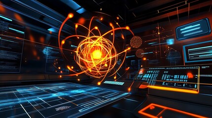 Poster - a futuristic physics lab with interactive displays of the principles of quantum teleportation and in