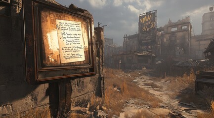 Poster - A desolate urban landscape with a weathered sign and overgrown grass.