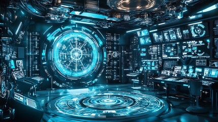 Poster - A futuristic physics lab with interactive displays of the principles of quantum teleportation and information transfer