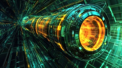 Poster - a futuristic physics lab with interactive displays of the principles of quantum teleportation and in