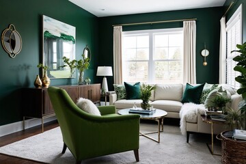 Wall Mural - Modern Living Room with Green Armchair and Dark Green Wall Decor