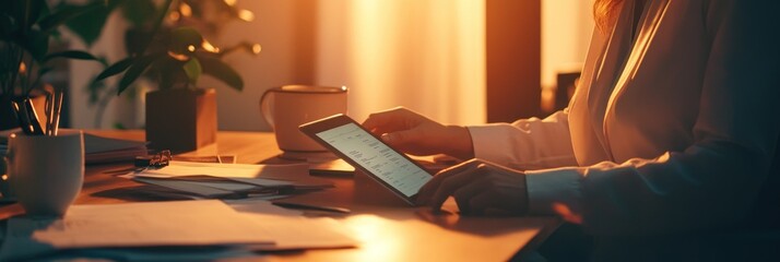 Poster - A person using a tablet in a warm, softly lit workspace with plants and papers.