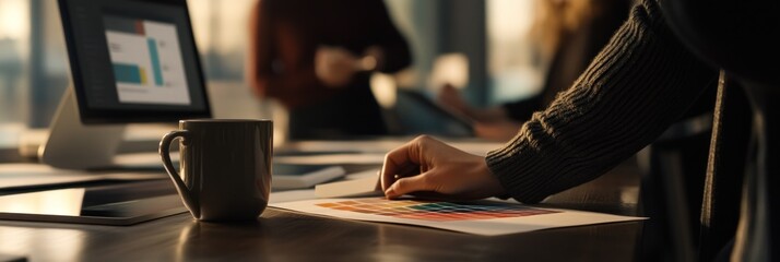 Poster - A hand reviewing colorful charts on a desk with a coffee mug and digital device in the background.