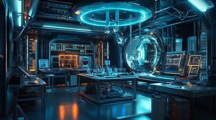 Poster - a futuristic physics lab with digital simulations of the interactions between fundamental particles 