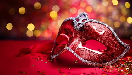 Canvas Print - Elegant Red Masquerade Mask with Glitter and Bokeh Lights in a Festive Setting