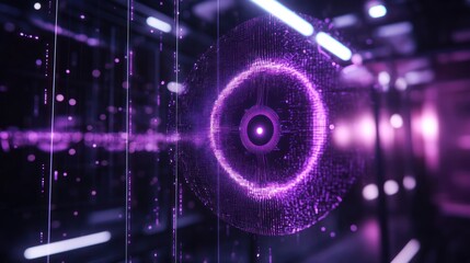 Poster - A futuristic digital interface showcasing a glowing purple sphere with data streams.