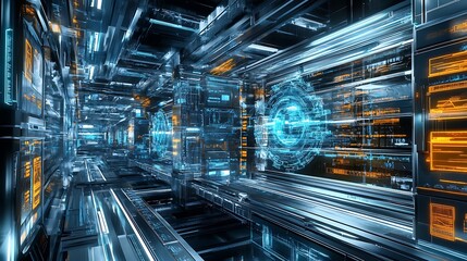 Poster - a futuristic physics lab with digital tools for studying the behavior of particles in high-energy ac