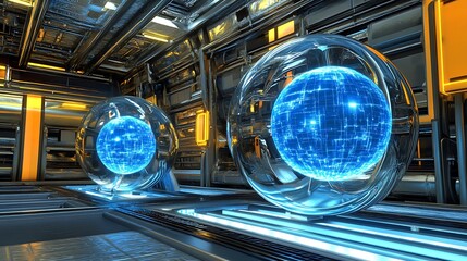 Poster - a futuristic physics research facility with interactive digital models of particle collision events 