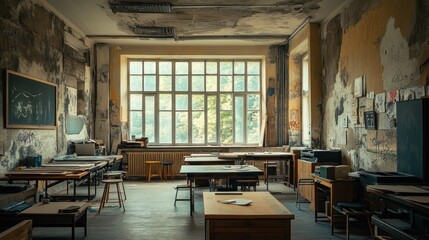 Aufkleber - An old classroom with wooden desks and large windows, showcasing a vintage educational space.