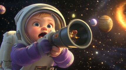 Poster - A young astronaut excitedly aims a telescope at planets in space.