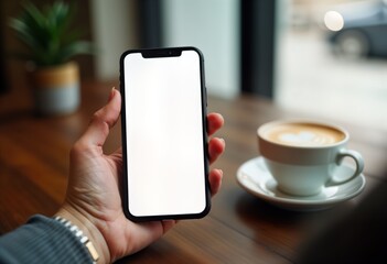 Aufkleber - Woman hand holds smartphone blank screen. Businesswoman uses mobile phone in cafe. Coffee cup on table. Marketing communication tech. Digital device display. Wireless mobile. Person uses app