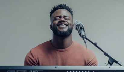 Poster - A joyful musician plays a keyboard, smiling while singing into a microphone.