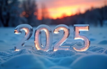 Poster - Ice numbers 2025 stand in snow. Winter evening sunset background. New Year holiday concept. Cold frost scene. Christmas card design. Number text made of ice.