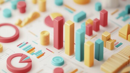 Poster - Colorful 3D graphs and charts representing data analysis and business metrics.