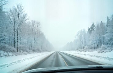 Poster - Winter road scene snow covered trees. Empty highway snowfall. Car drives winter forest. Cold season travel. Snowy landscape. Road trip winter wonderland.