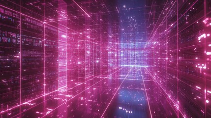 Poster - A futuristic digital environment featuring vibrant pink and blue lights, creating an immersive and high-tech atmosphere of innovation and data flow.