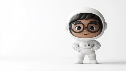 a cute cartoon astronaut character in a white suit with glasses, standing confidently.