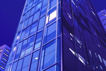 Poster - A modern skyscraper with reflective glass panels under a night sky.