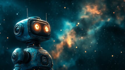 Aufkleber - Retro robot gazing at a starry nebula.