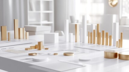 Poster - A modern display of 3D bar graphs and charts in a bright, minimalist setting.