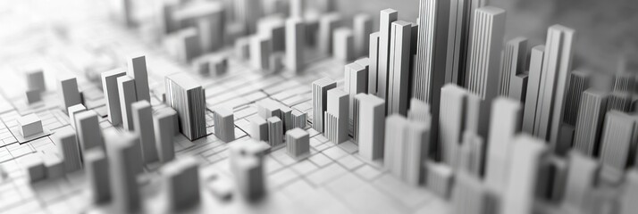Poster - A monochromatic cityscape model with abstract buildings and structures.