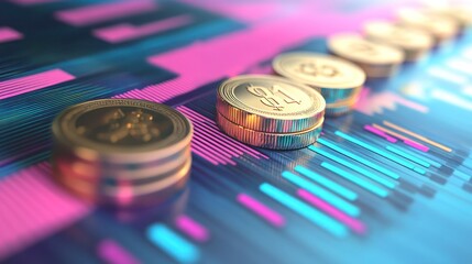 Poster - A close-up of coins on a colorful digital background representing finance and technology.