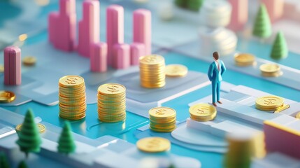 Poster - A miniature business landscape with coins and a figure representing financial growth.