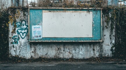 Poster - A weathered bulletin board covered in ivy, with a blank space for announcements.