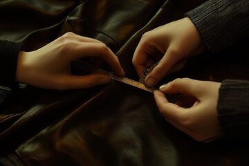 Poster - Two hands measuring fabric with a ruler on a leather surface.